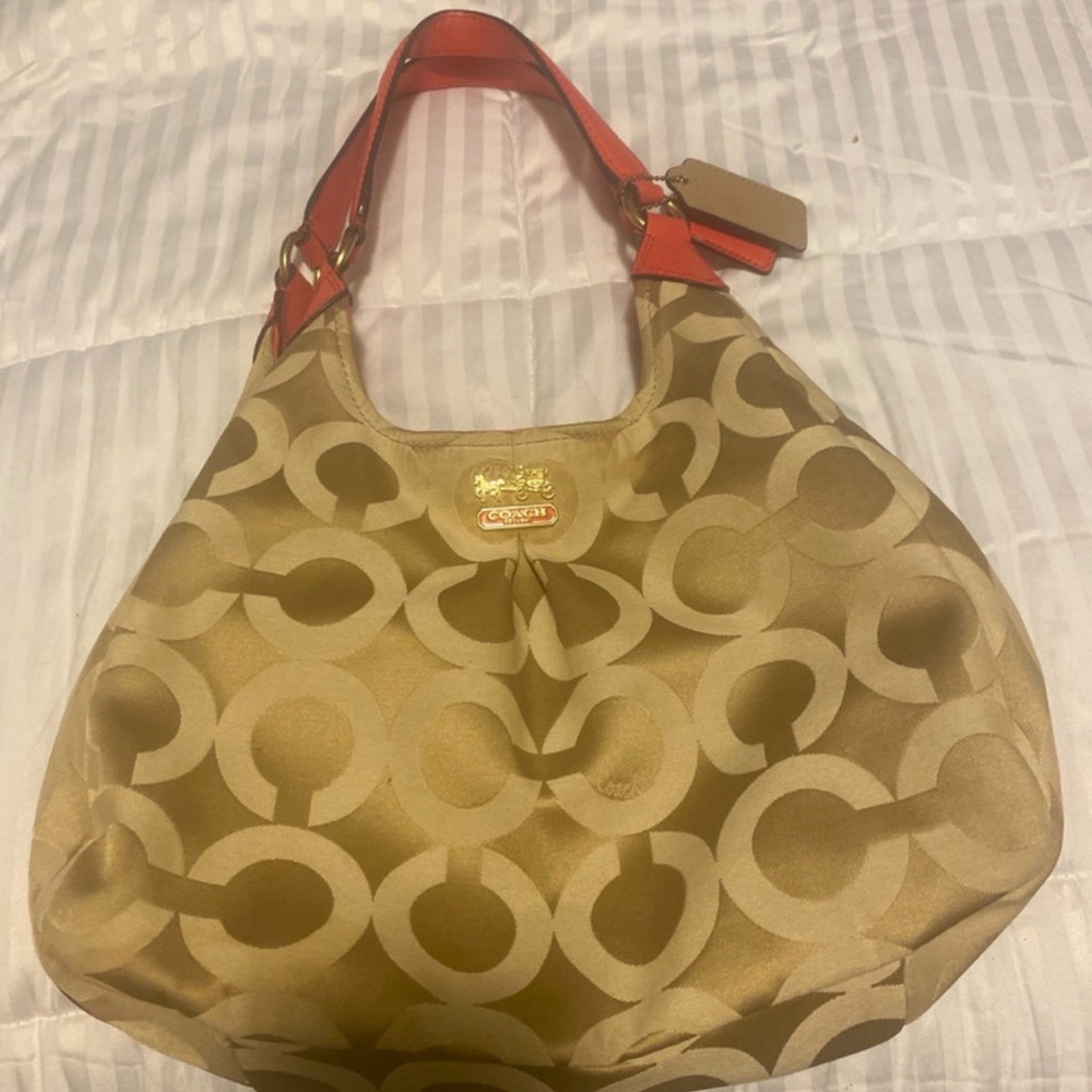 Coach Hobo Bag in Tan with Red Accents